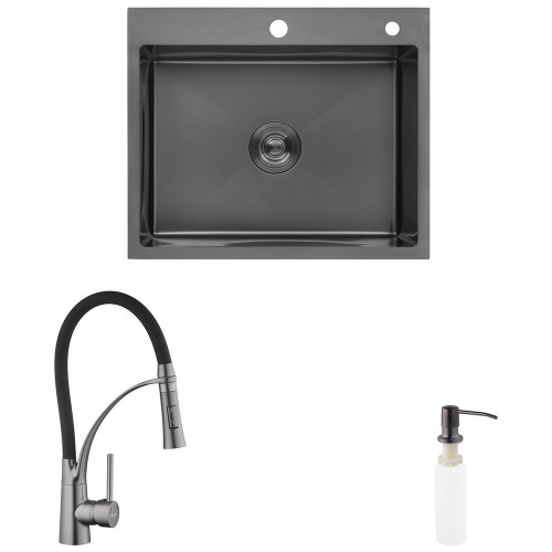 Комплект кухонна мийка Kroner Schwarze-6050HM PVD + змішувач Ersel-GRP03393BLK + дозатор Spender-026