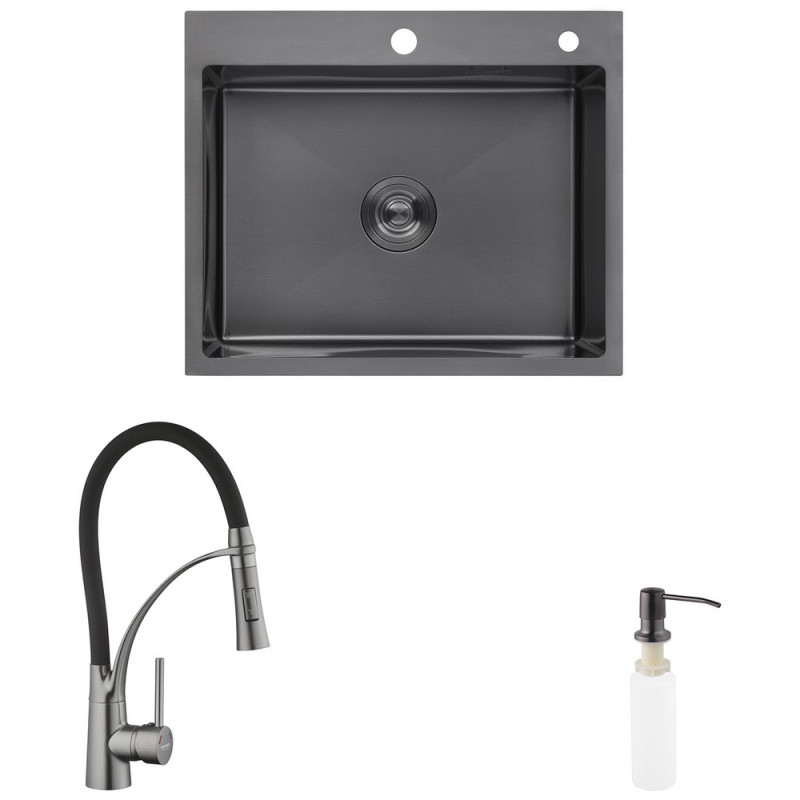 Комплект кухонна мийка Kroner Schwarze-6050HM PVD + змішувач Ersel-GRP03393BLK + дозатор Spender-026