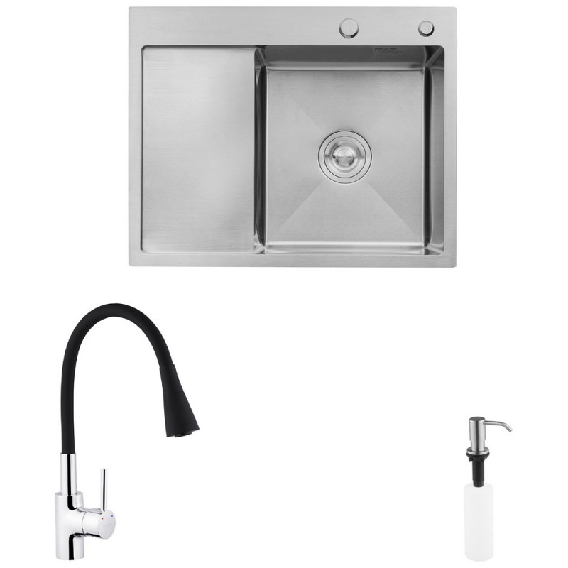 Комплект кухонна мийка Kroner Gebürstet-6350RHM + змішувач Küche-C031BLK + дозатор Spender-ECG049