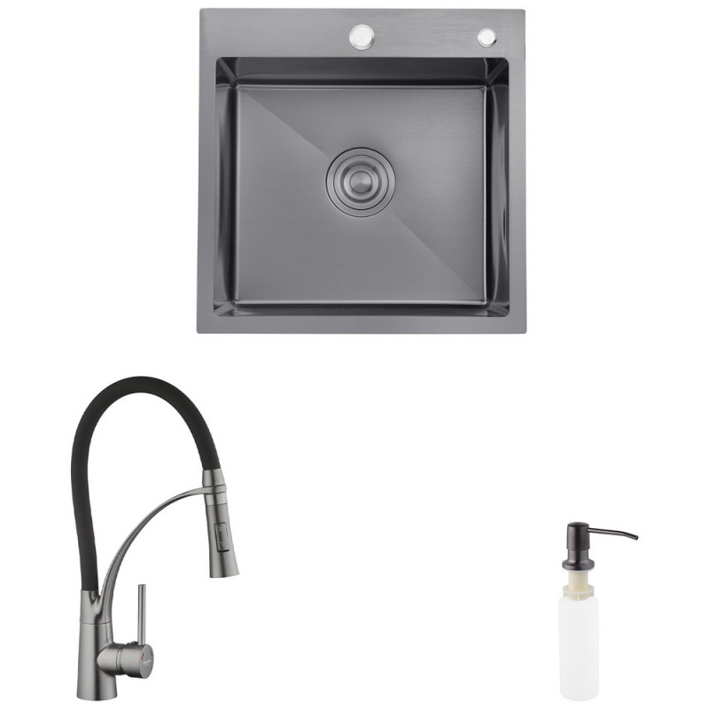 Комплект кухонна мийка Kroner Schwarze-5050HM PVD + змішувач Ersel-GRP03393BLK + дозатор Spender-026