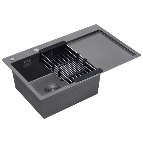 Комплект кухонная мойка Kroner Schwarze-7849LHM PVD + смеситель Edelstahl Klassisch-SCH035PVD + дозатор Spender-026