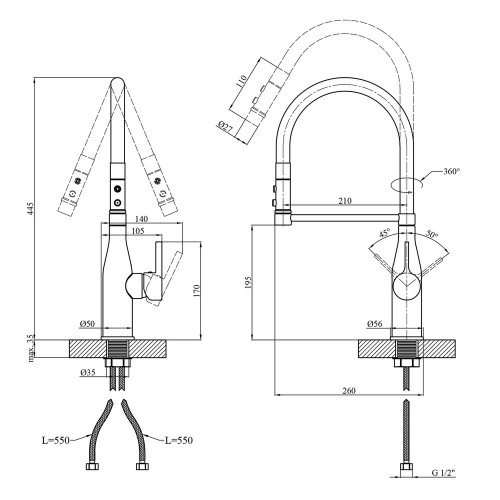 Комплект кухонная мойка Kroner Gebürstet-6050HM + смеситель Ersel-C03111BLK + дозатор Spender-016