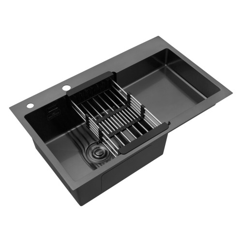 Комплект мойка для кухни интегрированная Kroner KRP PVD Schwarze - 7848LHM с корзиной для сушки и дозатором