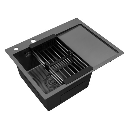 Комплект мойка для кухни интегрированная Kroner KRP Schwarze - 6350LHM PVD с корзиной для сушки и дозатором