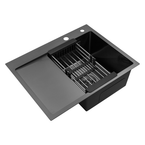 Комплект мойка для кухни интегрированная Kroner KRP Schwarze - 6350RHM PVD с корзиной для сушки и дозатором