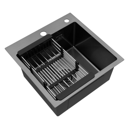 Комплект мойка для кухни интегрированная Kroner KRP Schwarze - 4545HM PVD с корзиной для сушки и дозатором