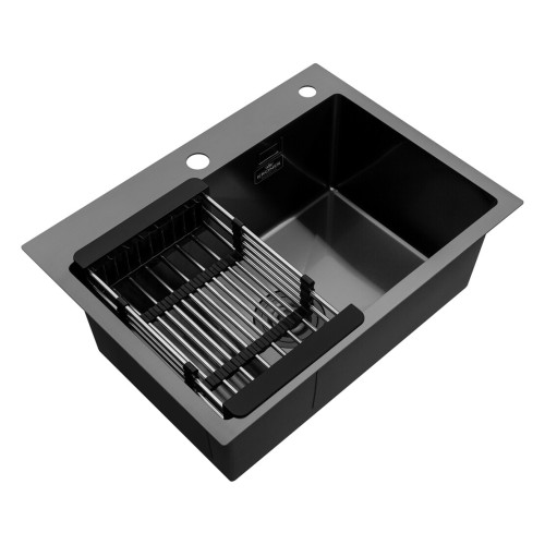 Комплект мойка для кухни интегрированная Kroner KRP PVD Schwarze - 5843HM с корзиной для сушки и дозатором