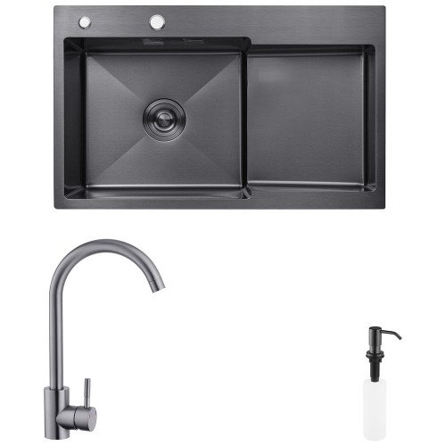 Комплект кухонная мойка Kroner Schwarze-7848LHM PVD + смеситель Edelstahl Klassisch-SCH035PVD + дозатор Spender-SCH049