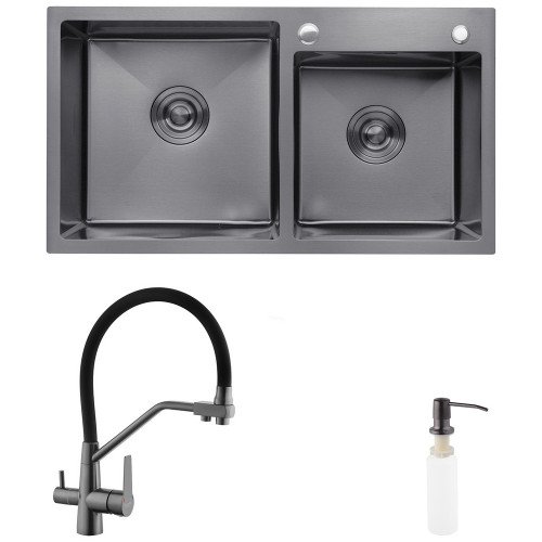 Комплект кухонна мийка Kroner Schwarze-7843ZHM PVD + змішувач Edelstahl Klassisch-PVD03817BLK + дозатор Spender-026