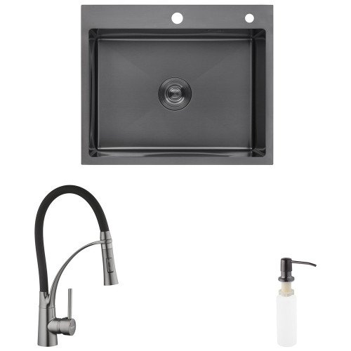 Комплект кухонная мойка Kroner Schwarze-6050HM PVD + смеситель Ersel - GRP03393BLK + дозатор Spender-026