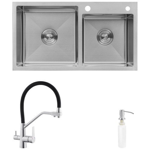 Комплект кухонная мойка Kroner Gebürstet-7843ZHM + смеситель Edelstahl Klassisch-ESG03817BLK + дозатор Spender-016