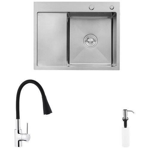 Комплект кухонная мойка Kroner Gebürstet-6350RHM + смеситель Küche-C031BLK + дозатор Spender-ECG049