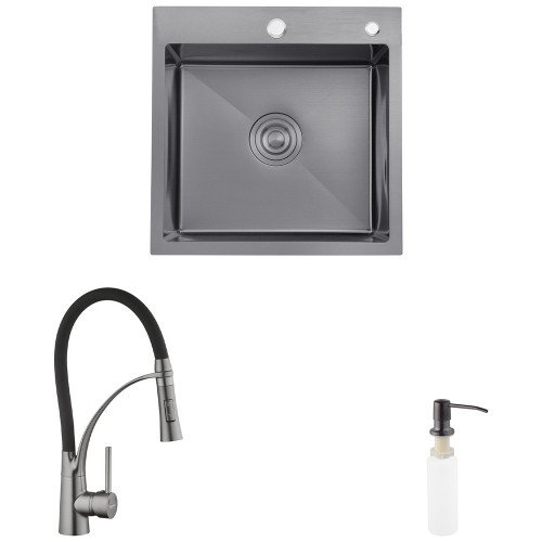 Комплект кухонна мийка Kroner Schwarze-5050HM PVD + змішувач Ersel-GRP03393BLK + дозатор Spender-026