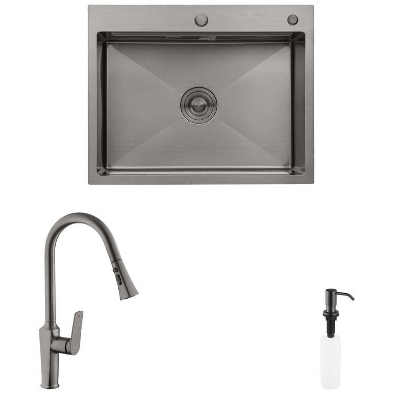 Комплект кухонная мойка Kroner Schwarze-6350HM PVD + смеситель Makon-GRP030-T + дозатор Spender-SCH049