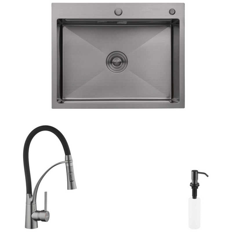 Комплект кухонная мойка Kroner Schwarze-6350HM PVD + смеситель Ersel-GRP03393BLK + дозатор Spender-SCH049