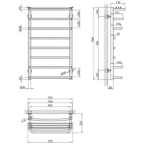 Полотенцесушитель водяной Kroner KRP Stern WT900x500-8