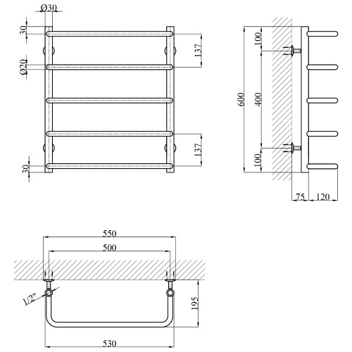Сушарка для рушників водяна Kroner KRP Stil WT600x500-5