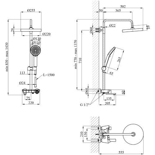 Душевая система термостатическая Kroner KRP Axis Line Thermo - C0636
