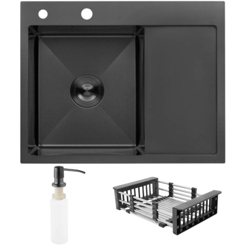 Комплект мойка для кухни интегрированная Kroner KRP Schwarze - 6350LHM PVD с корзиной для сушки и дозатором