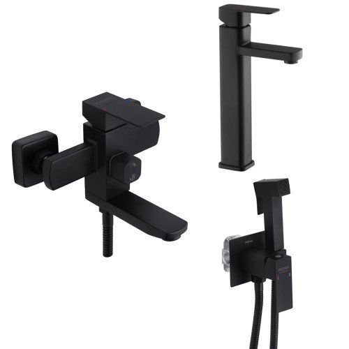 Набір 3в1 змішувач для раковини Kroner KRP Edelstahl Kubus - SCH010 - 3 + змішувач для ванни Kroner KRP Edelstahl Kubus - SCH060 + гігієнічний душ Kroner KRP Edelstahl Kubus - SCH053